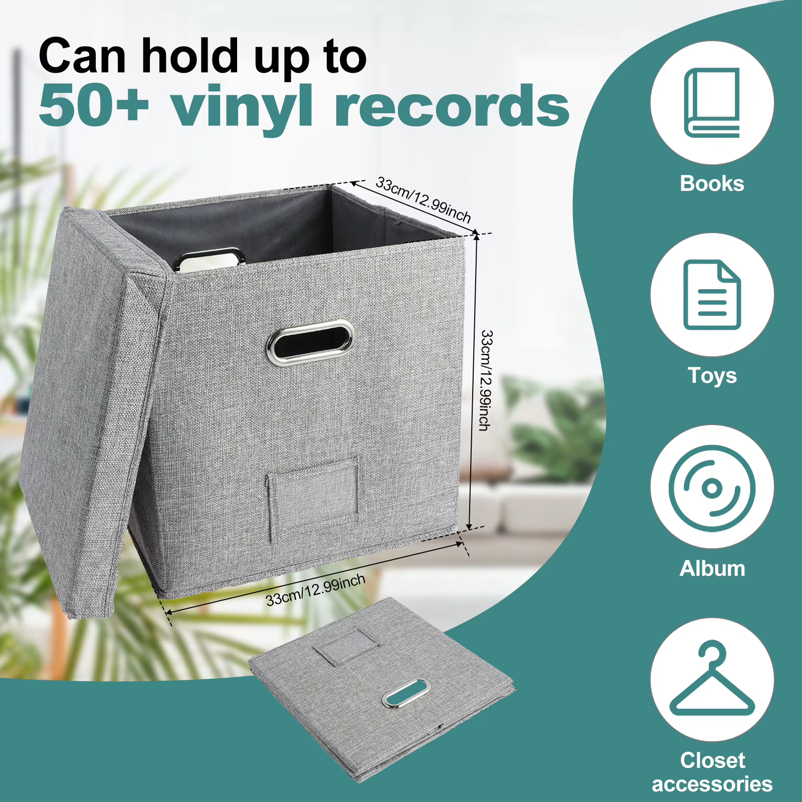 Boîte de rangement de disques vinyles, caisse d'album LP avec couvercle et poignée, boîte de rangeme
