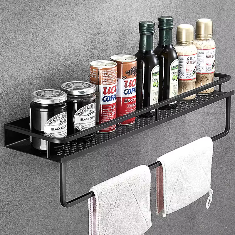 Étagère murale carrée en aluminium noir pour salle de bain