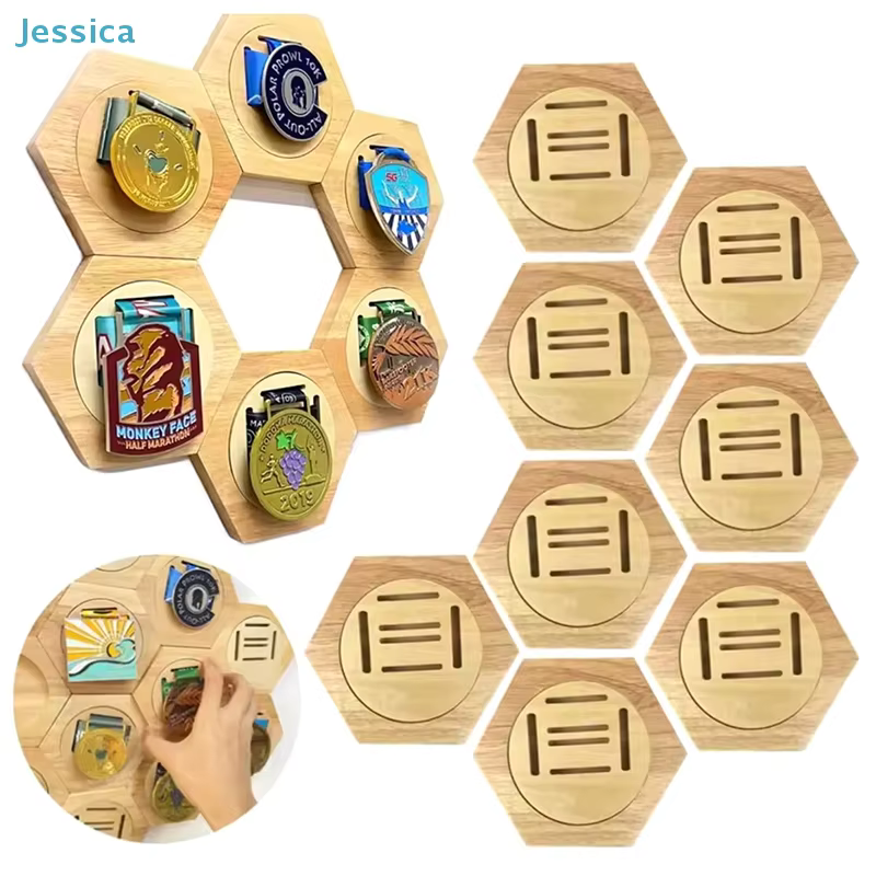 ♥ Présentoirs hexagonaux en bois | Organisateurs muraux modulaires pour médailles