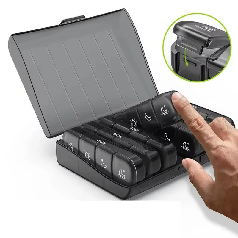 Boîte à pilules hebdomadaire 21 compartiments, organiseur de médicaments, boîte de rangement en plastique PP noir, étui à pilules portable pour médicaments quotidiens