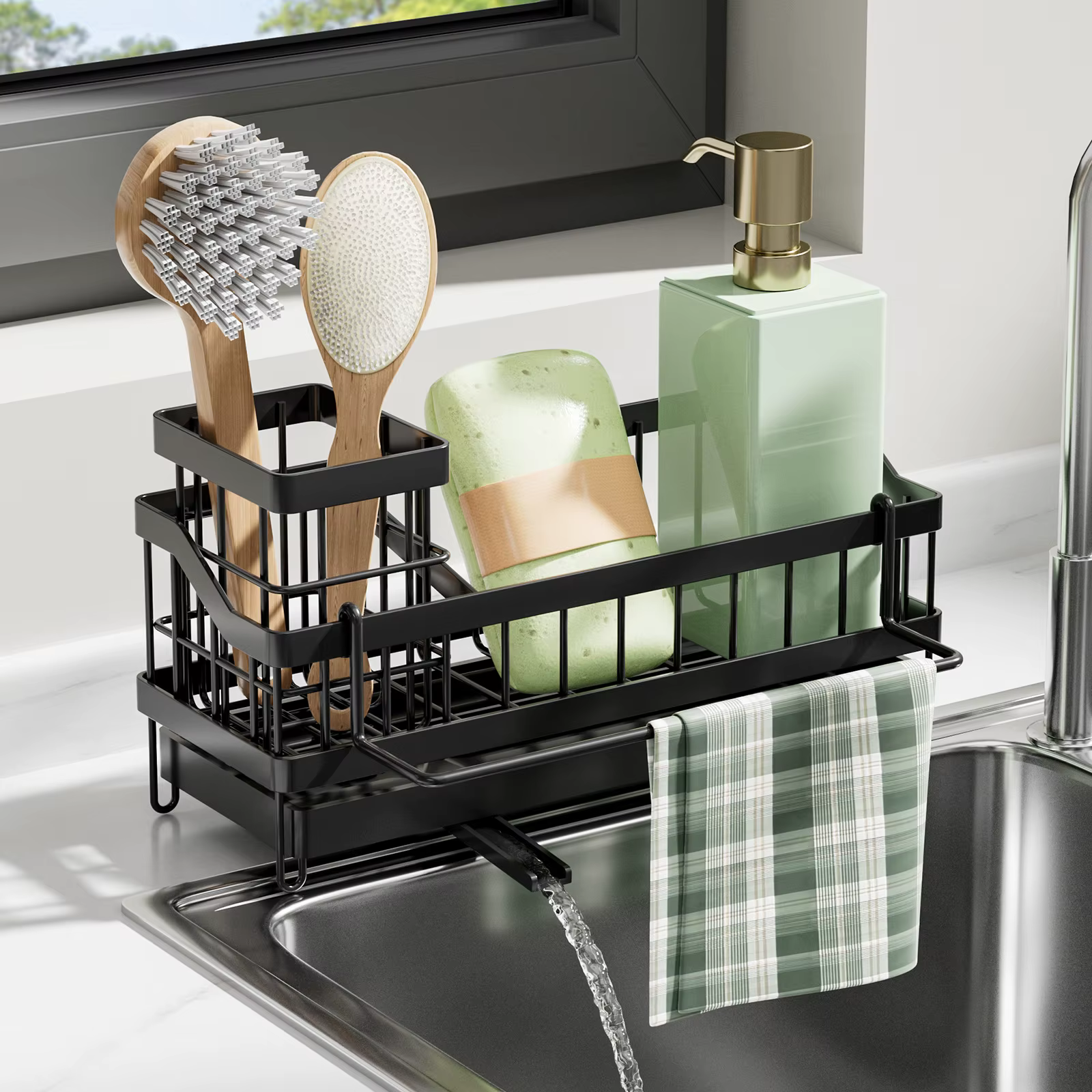Étagère de rangement robuste noire pour évier de cuisine avec plateau de drainage