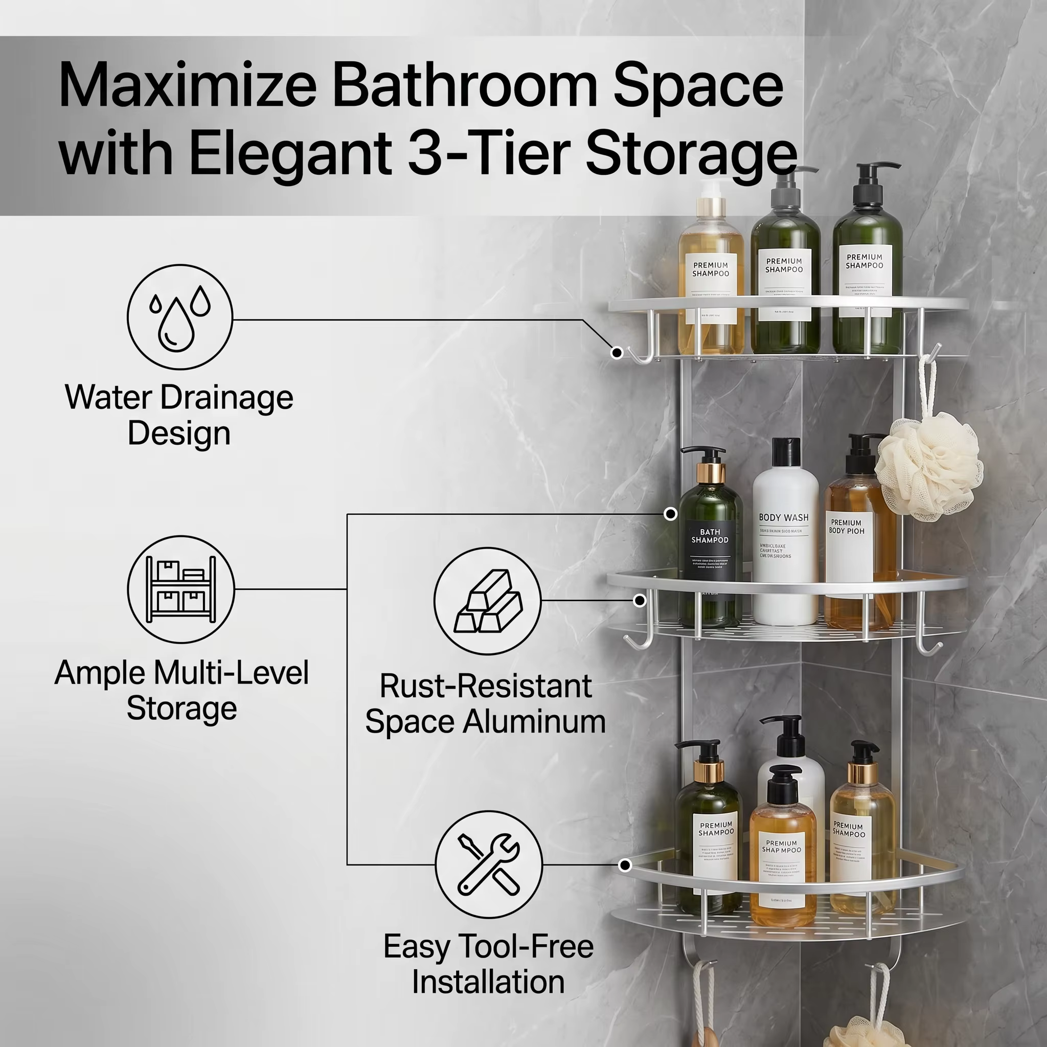 Étagère de douche d'angle à 3 niveaux
