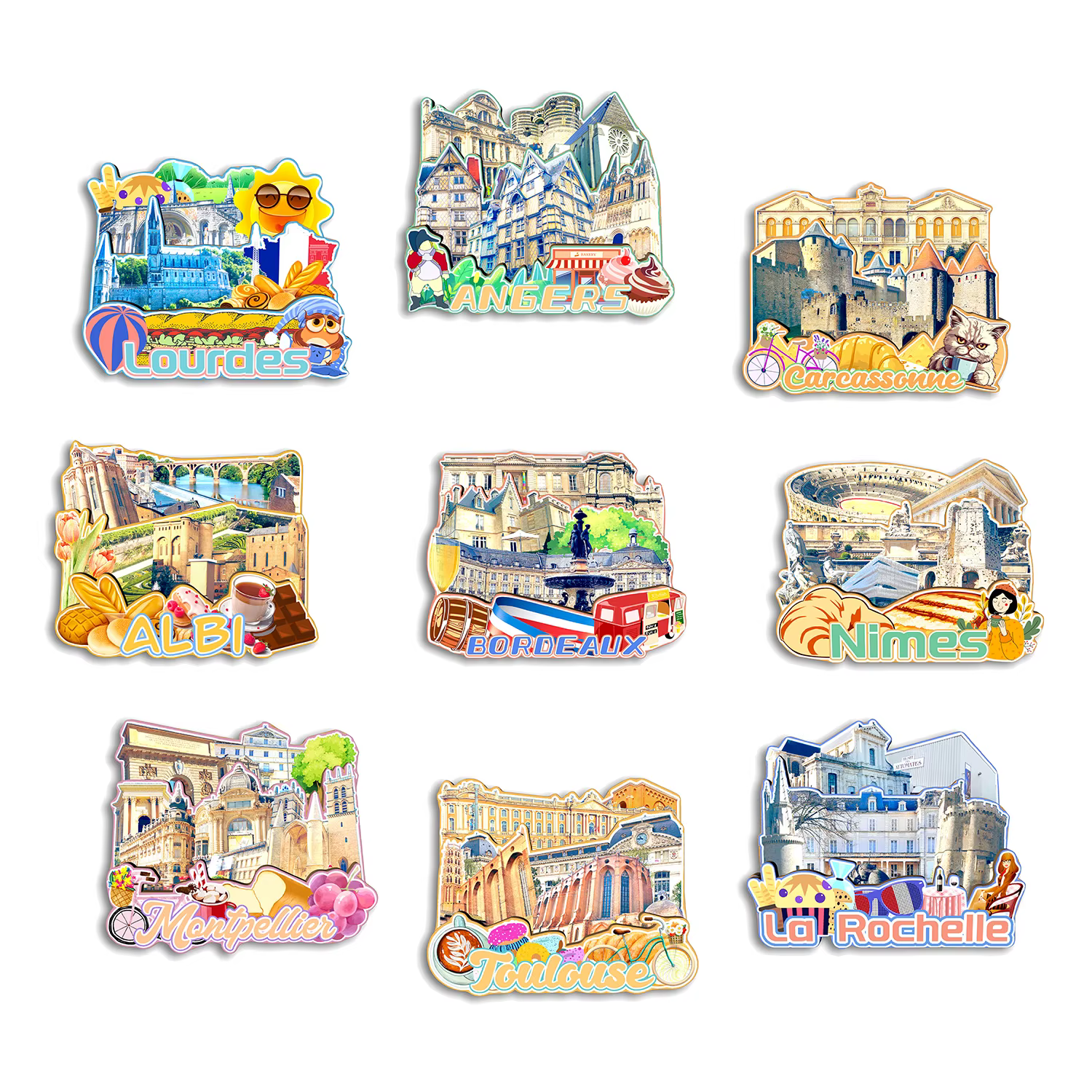 Bordeaux La Rochelle Toulouse Montpellier Nimes Albi Carcassonne Lourdes Angers France Réfrigérateur Aimant Voyage Souvenir Cadeau