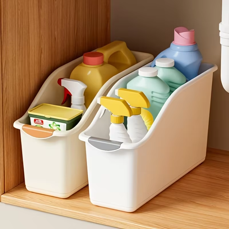 Ensemble de bacs de rangement en plastique incurvés-boîtes d'organisation polyvalentes pour fournitures de nettoyage et essentiels ménagers