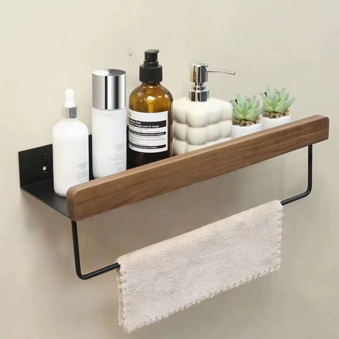 Étagère d'angle noire en aluminium et bois pour salle de bain