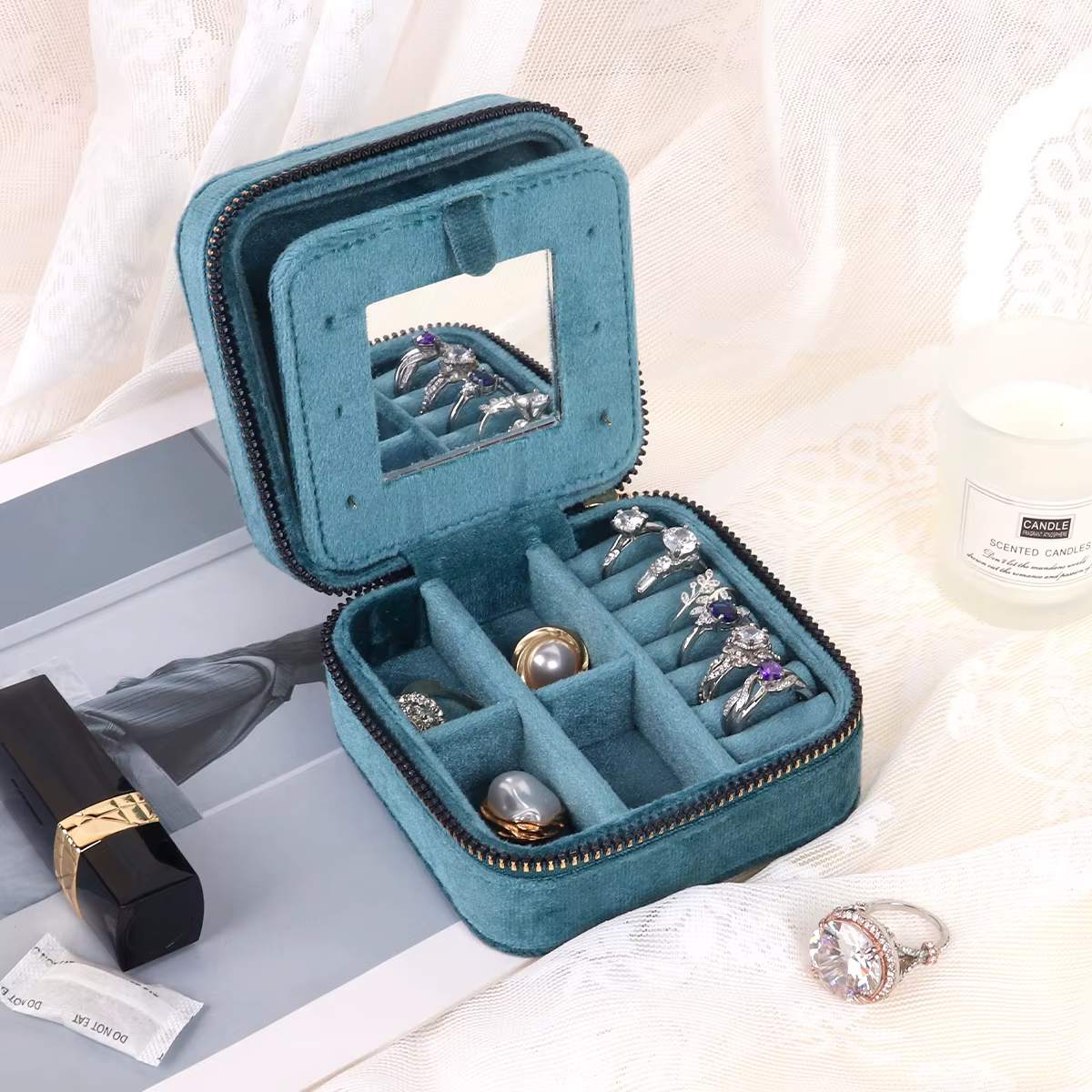 Boîte à bijoux en velours losange avec miroir pour femmes