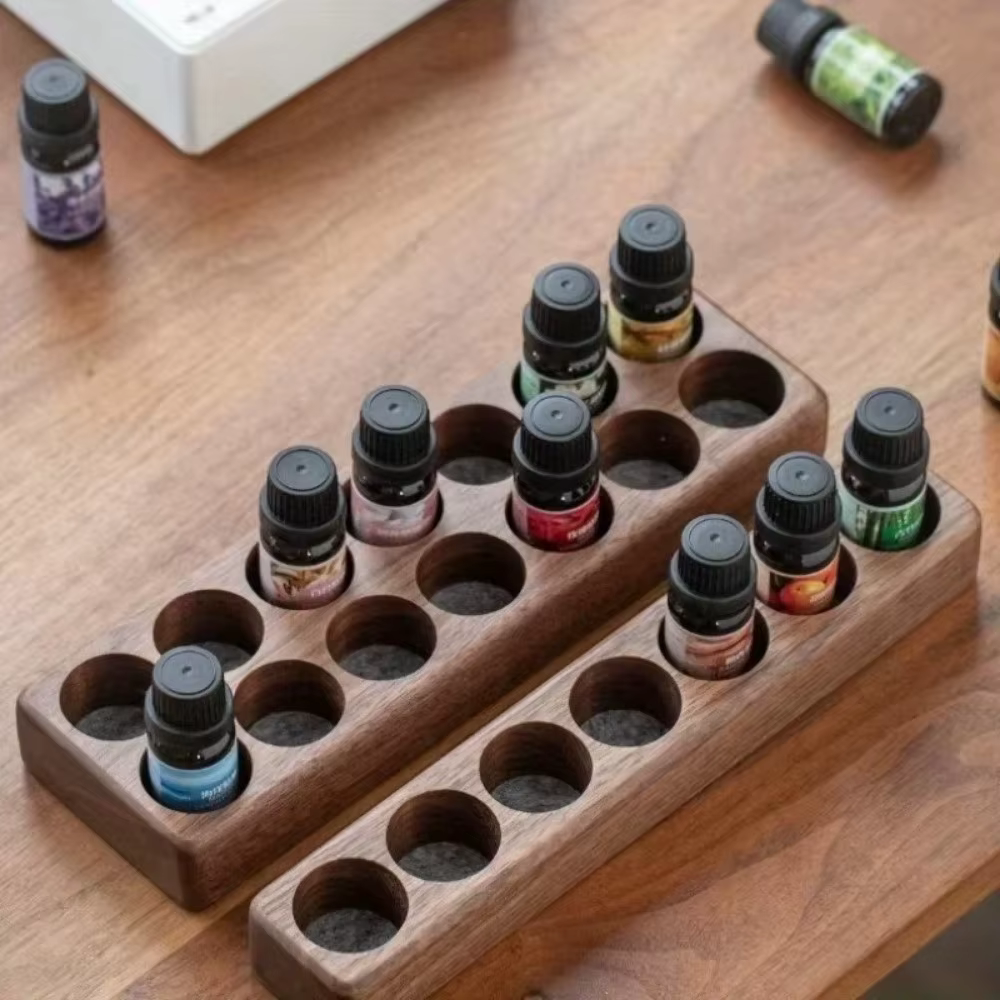 Support de Bouteilles d'Huiles Essentielles Robuste en Bois Naturel Grande Capacité Présentoir de Parfums Polyvalent à 6 ou 12 Emplacements pour Bureau