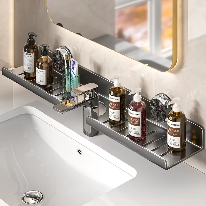Étagère de salle de bain murale sans perçage avec miroir à ventouse pour lavabo et robinet