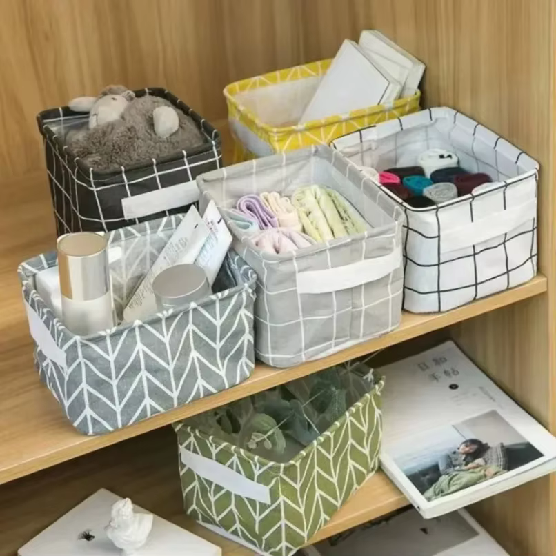 Panier de rangement pliable en tissu à motif quadrillé 20×16×14 cm