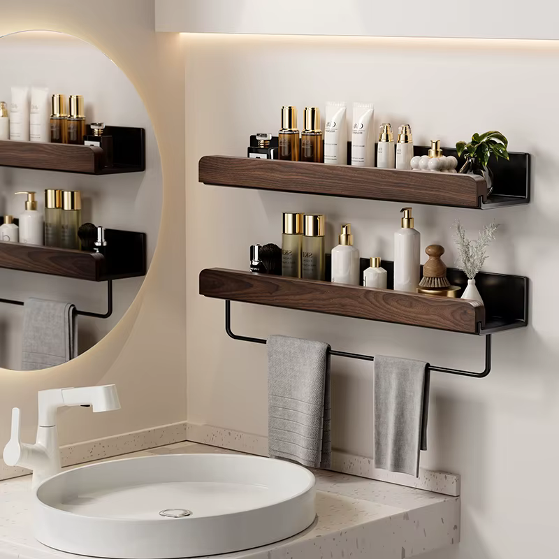 Étagère de salle de bain en bois et aluminium