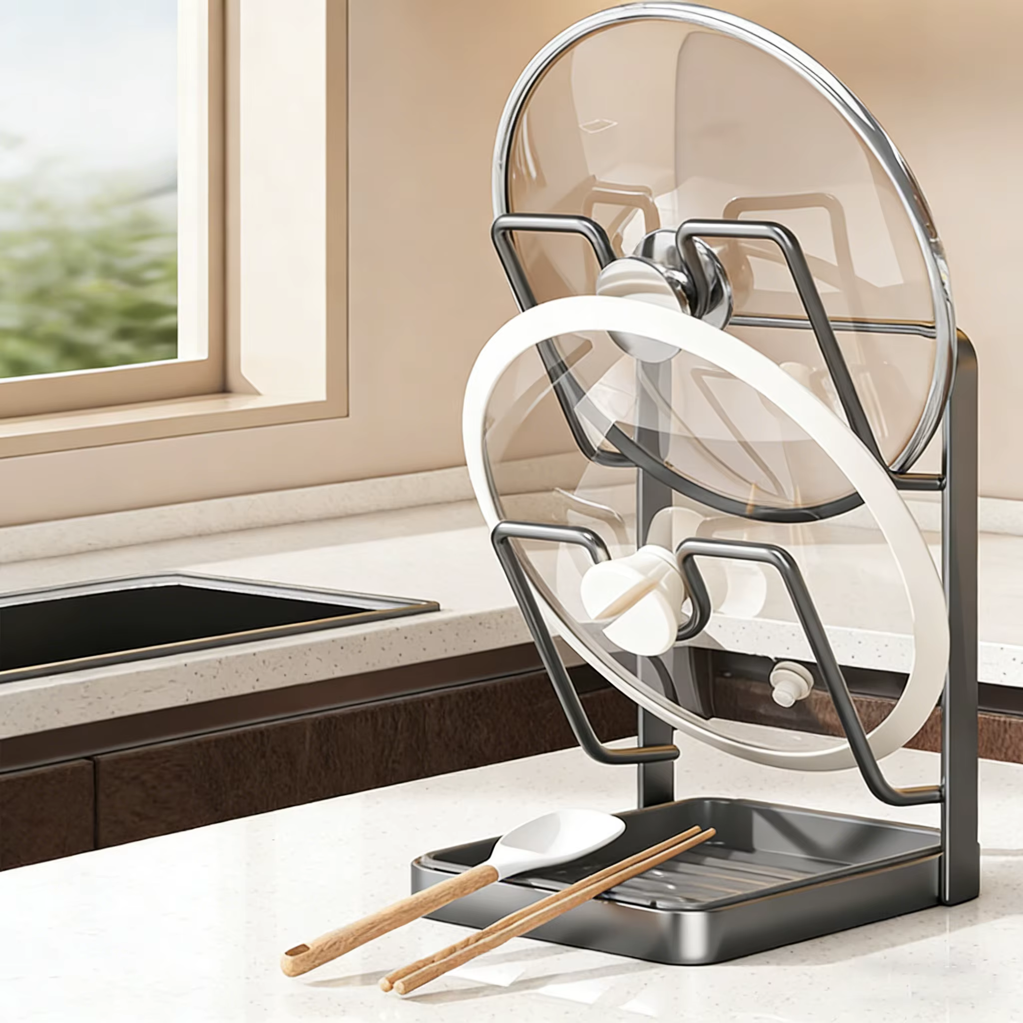 Support de rangement pour couvercles de casseroles avec plateau