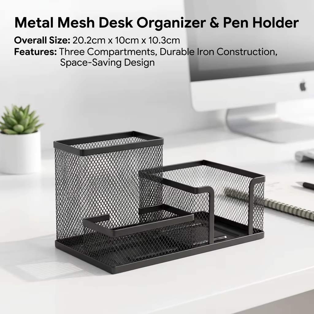 Organisateur de bureau en maille noire avec porte-crayons et paniers de rangement
