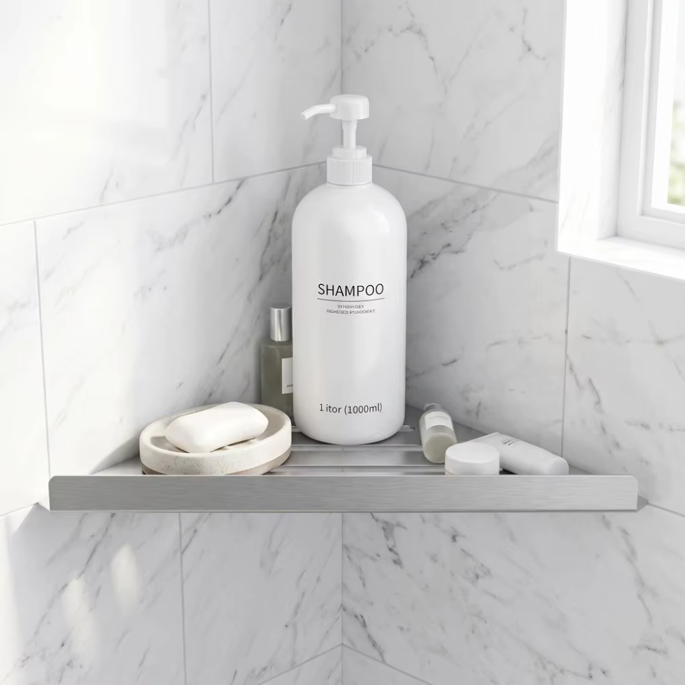 Étagère d'angle de douche en acier inoxydable argenté