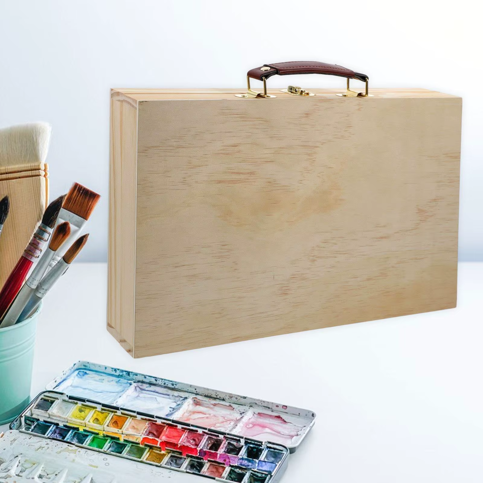Boîte de fournitures d'artiste en bois