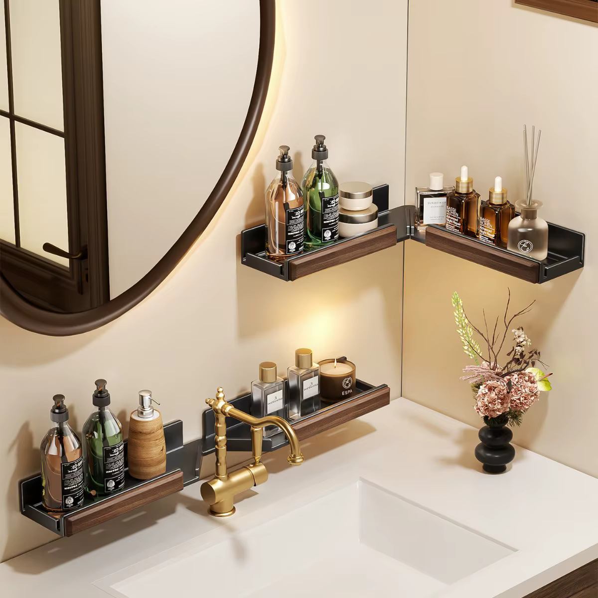 Étagère de salle de bain pliable en noyer – Sans perçage – Support mural de rangement pour meuble-lavabo