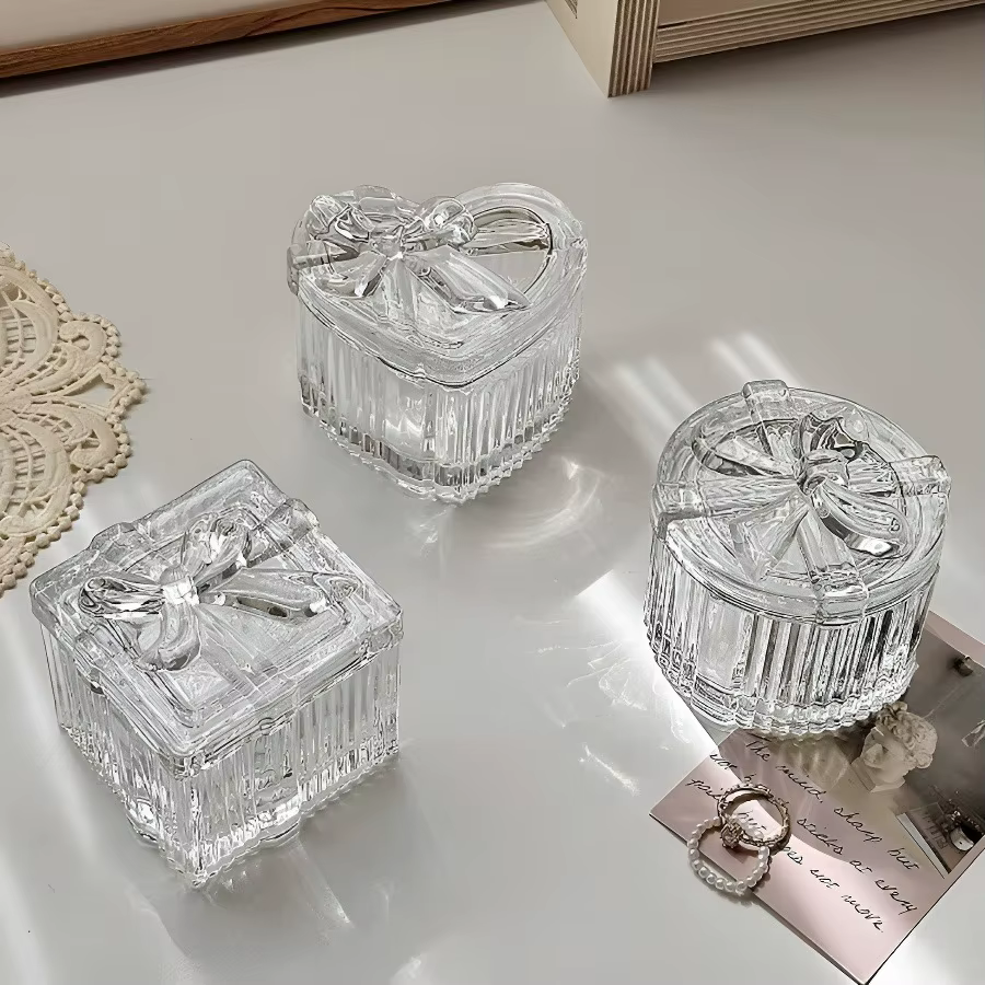 Boîte de rangement de bijoux en verre cristal avec nœud papillon