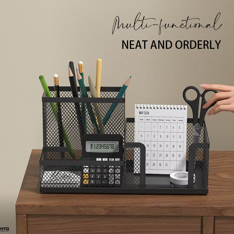 Organisateur de bureau en maille avec porte-crayons et paniers de rangement pour accessoires