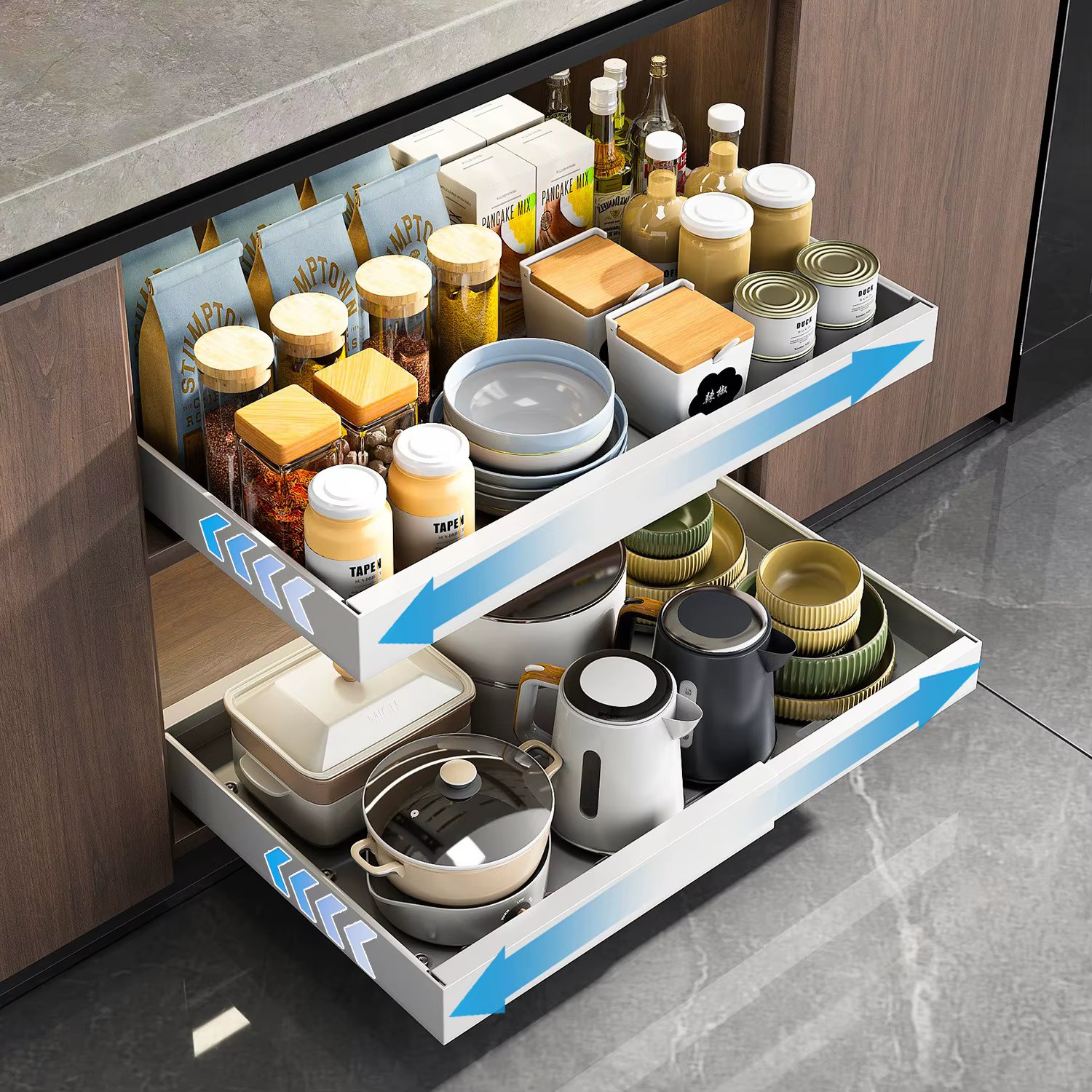 Support de rangement d'armoire extractible avec tiroirs coulissants extensibles adhésifs pour organisateur sous évier