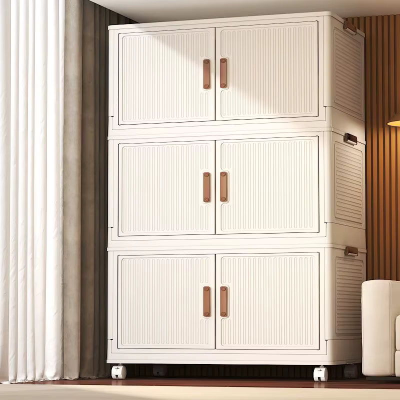 Armoire de rangement polyvalente, organisateur de maison, bac en plastique pliable avec roue, boîte de rangement empilable à Double porte pour chambre à coucher et bureau