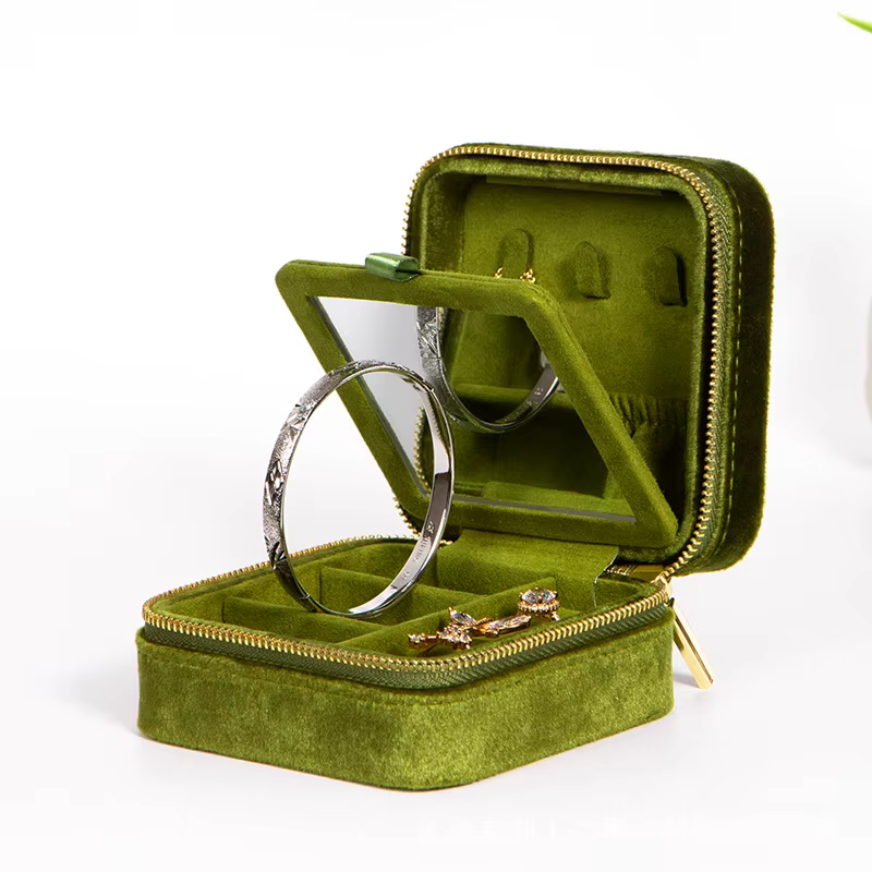 Boîte à bijoux en velours losange avec miroir pour femmes