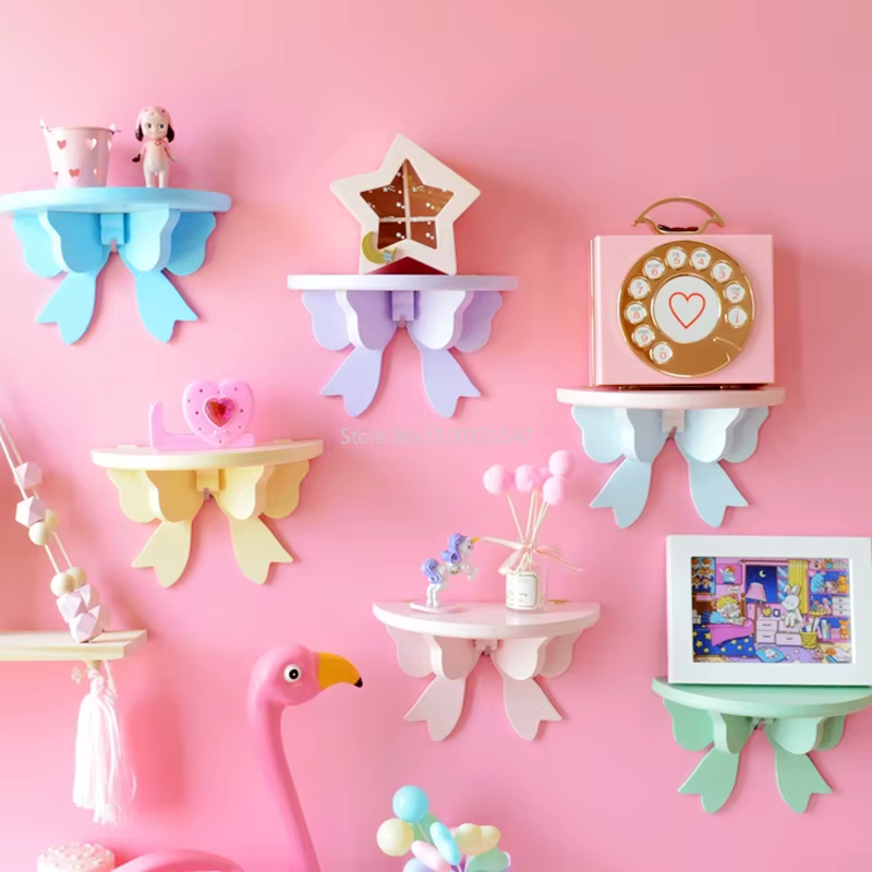 Support de rangement mural avec nœud rose Kawaii, décoration de chambre de fille, étagères murales sans poinçon