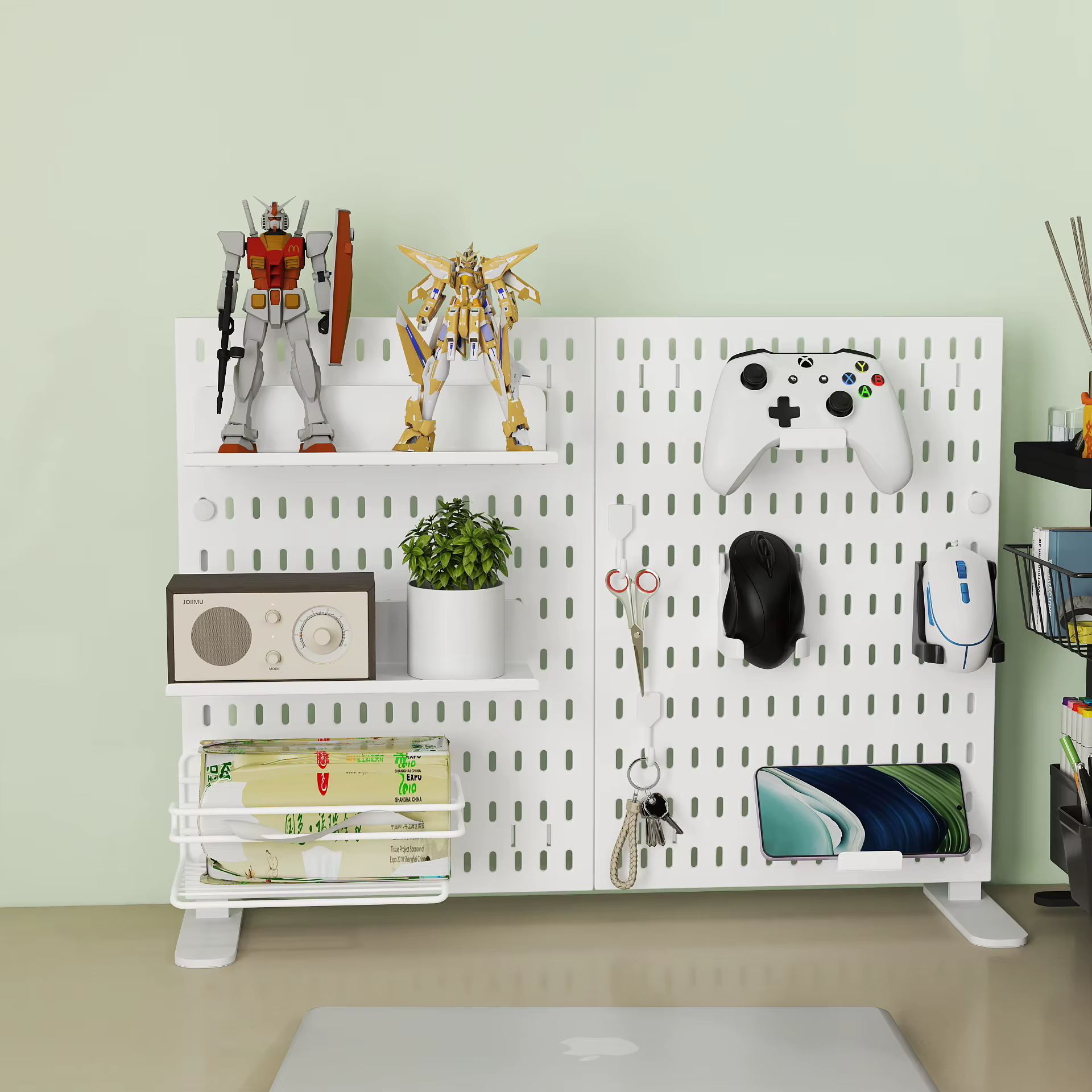 Piquier de rangement pour bureau. Il peut être placé vertical ou coupé. Ce panneau perforé convient aux étagères