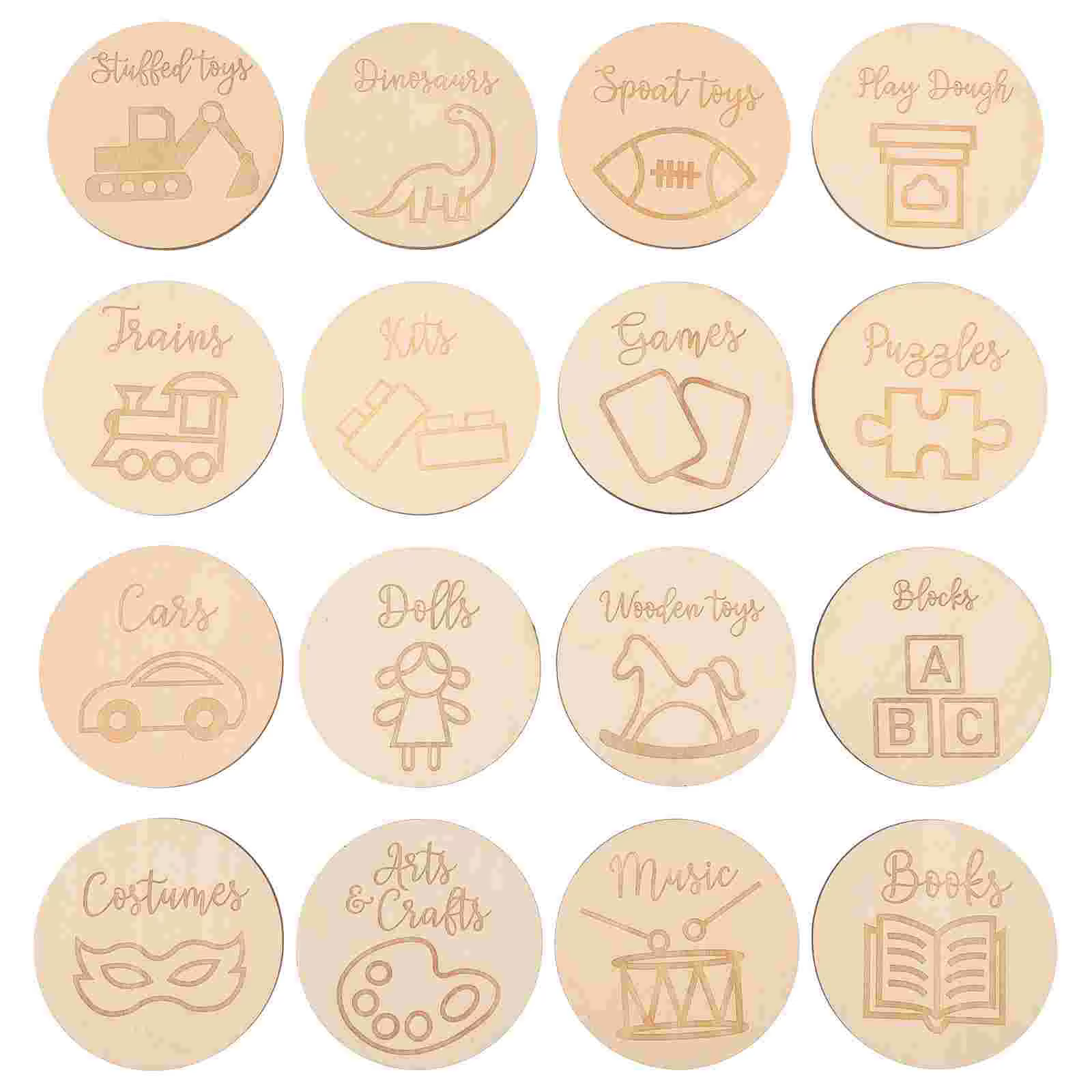 Étiquettes rondes en bois pour boîte à jouets