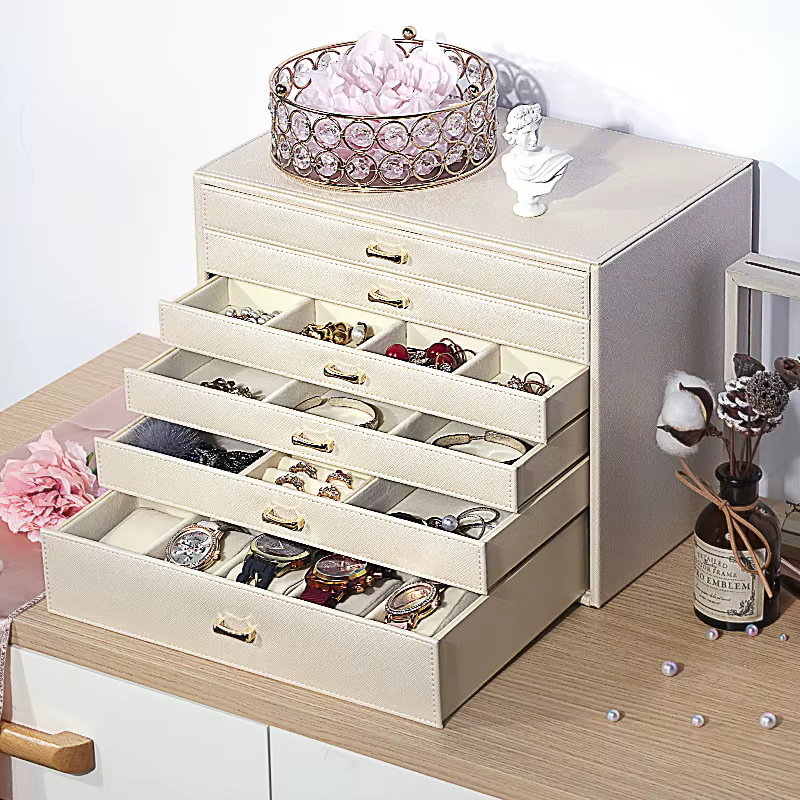 Grande boîte de rangement pour bijoux en cuir