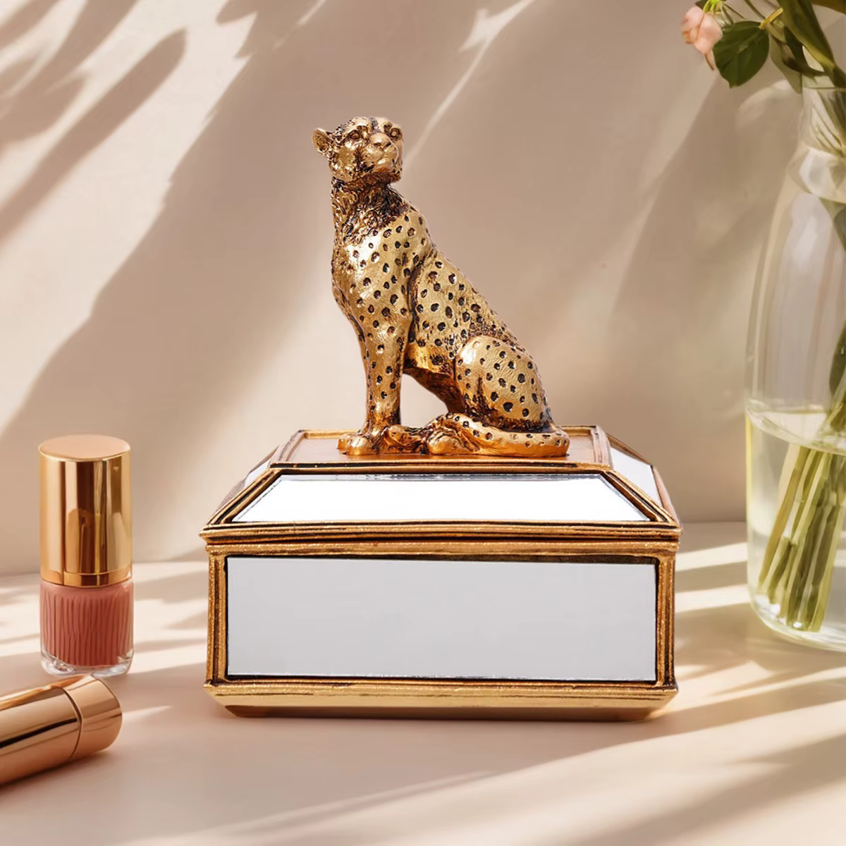 Boîte de rangement pour bijoux en forme de léopard doré effet miroir