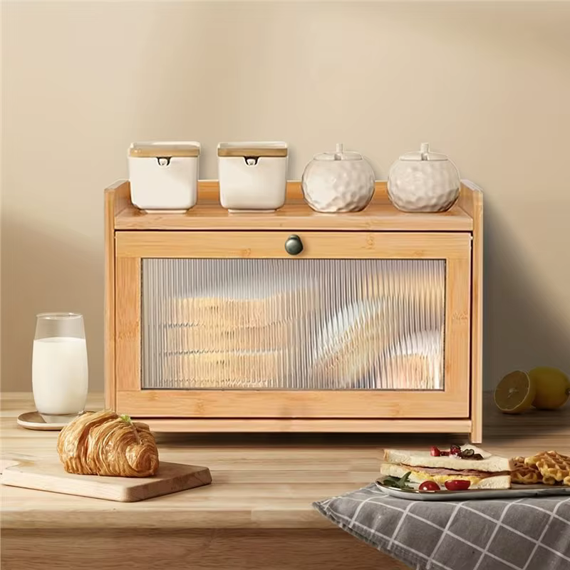 Boîte à pain en acrylique ABSJ-Bamboo avec couvercle - 1 pièce - Organisateur de rangement de cuisine anti-poussière