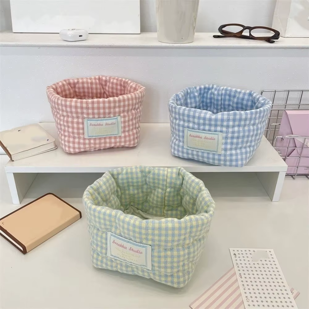Panier de rangement en tissu à carreaux et rayures
