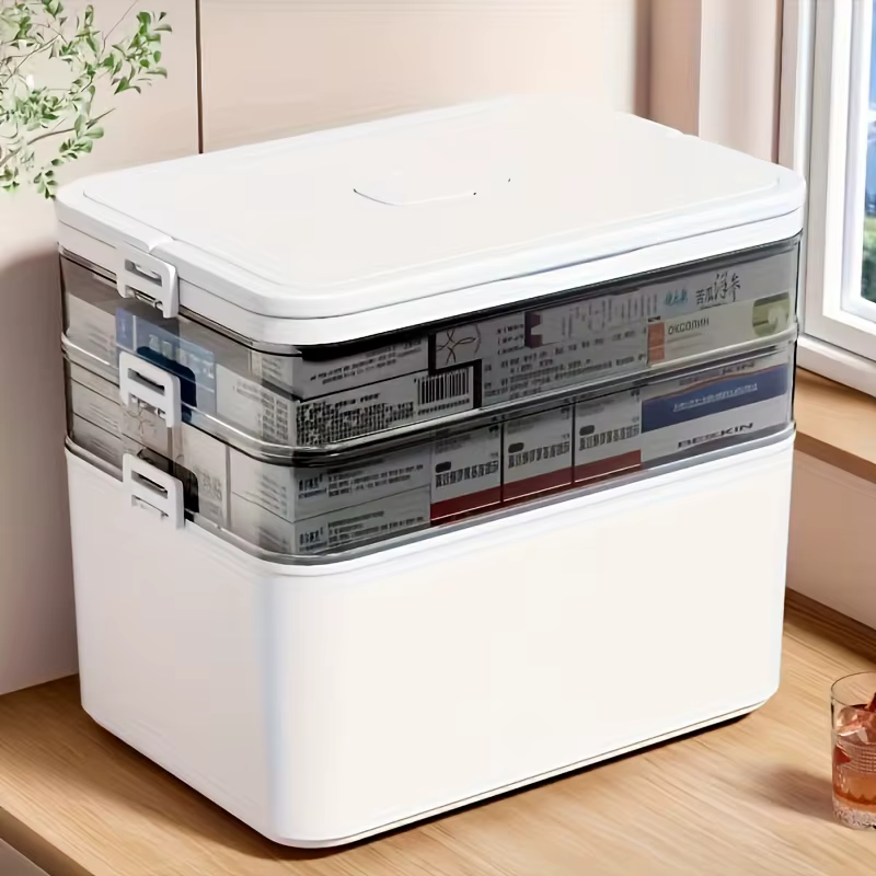 Boîte de rangement de médicaments multi-couches - Organisateur d'urgence familial portable avec fermeture à pression