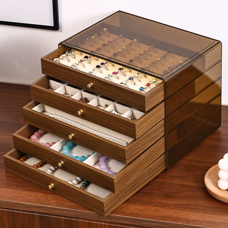 Boîte de rangement de bijoux en grain de noyer avec cinq tiroirs pour collier