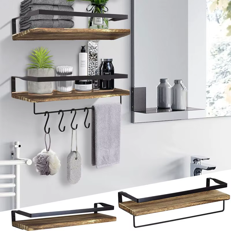 Accessoires de salle de bain et de cuisine : Étagère murale flottante en bois massif à fixer par perçage, pour rangement d'accessoires et matériel de rangement.