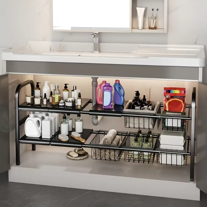 1 ensemble d'organisateurs d'évier de cuisine multi-usage sous la salle de bain-étagère d'armoire extensible