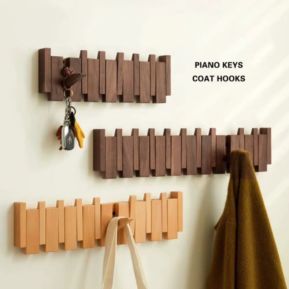 Porte-manteau mural créatif en bois avec 8 crochets en forme de touches de piano